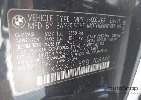 2011 BMW X3 xDrive28I из США, поврежденный, VIN 5UXWX5C59BL706488